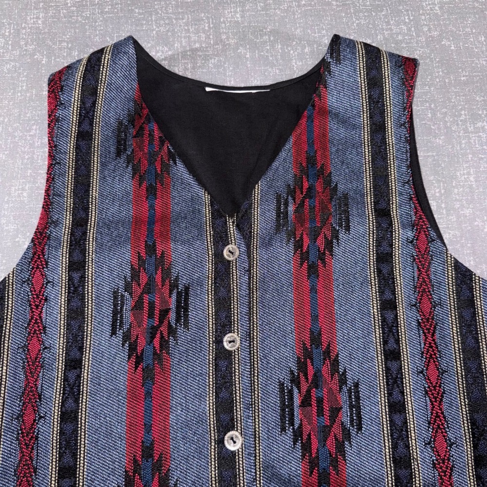 Vintage Southwestern Tapestry Vest Blue Red Geometric Button Front Waistcoat - Picture 4 of 9